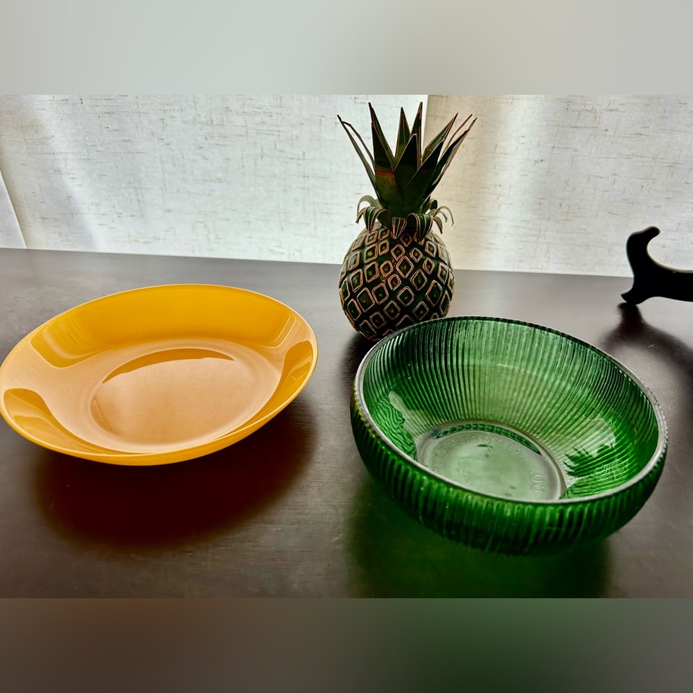 Two Vintage bowls/dishes Yellow-orange & Emerald Green.